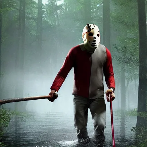 Image similar to Live Action Still of Jerma in Friday the 13th, real life, hyperrealistic, ultra realistic, realistic, highly detailed, epic, HD quality, 8k resolution, body and headshot, film still