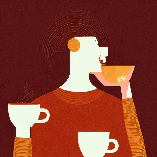 Prompt: illustration of a girl having a cup of coffee, happy feeling, waking up, by malika favre and victo ngai