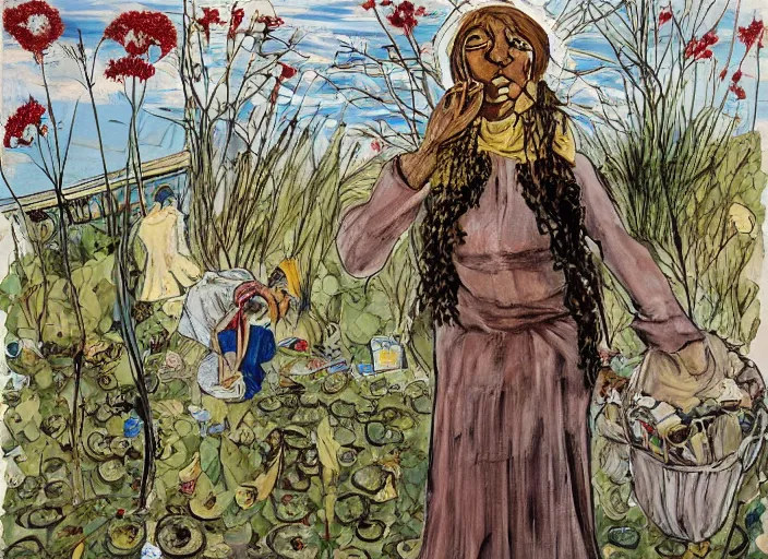 Prompt: painting, suzanne takes your hand and she leads you to the river, she's wearing rags and feathers from salvation army counters, and the sun pours down like honey on our lady of the harbor church in montreal, and she shows you where to look among the garbage and the flowers, there are heroes in the seaweed, by paula rego, by neo rauch, by edward hopper