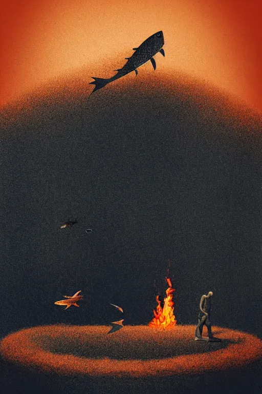 Image similar to burning overgrowth!!!!!+a lone man+fish flying in the sky, Mads Berg, Karolis Strautniekas, film noir, stippled light, dramatic lighting,editorial illustration, detailed,fine texture, matte print, art deco, brutalism, dark blue + dark orange, red, black, ((habitat 67 background))