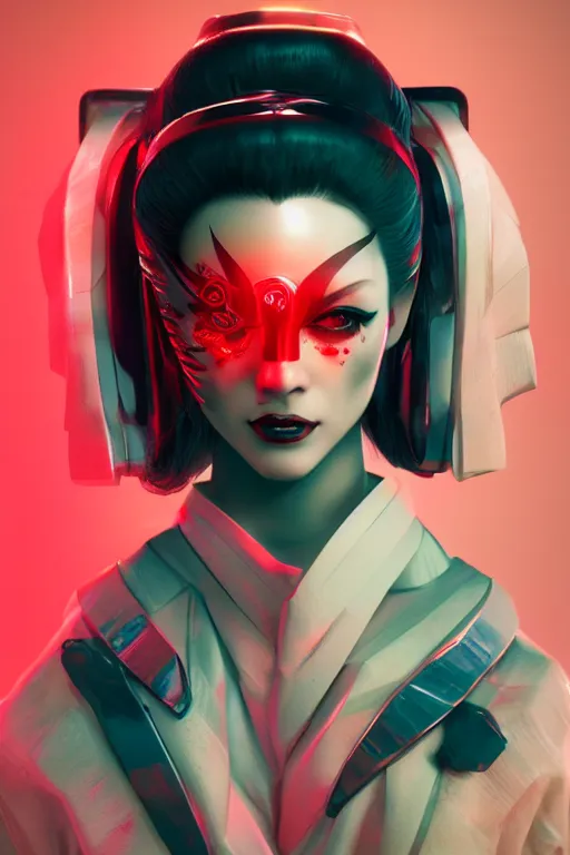 Prompt: Incredibly cyberpunk geisha by Ash Thorp and Artgerm, red LED lights, extremely beautiful and proportionate face, sharp focus, hyper detailed, octane render, biomechanical, volumetric lighting