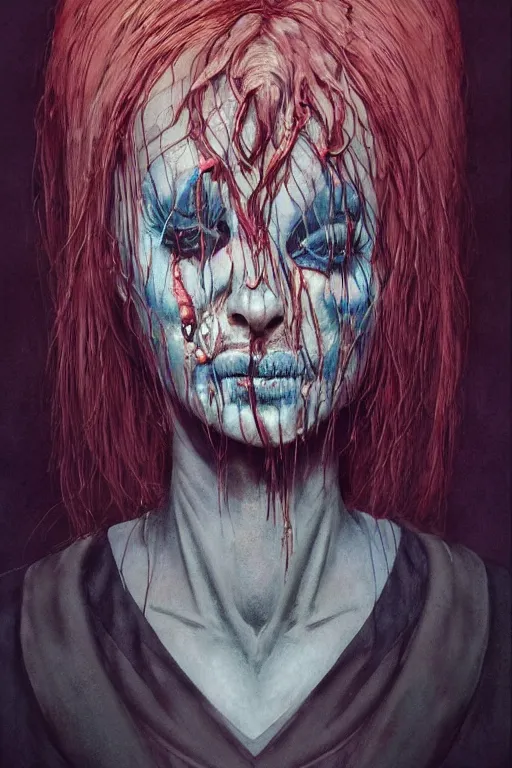 Image similar to watercolor cartoon grunge portrait of a creepy horror nurse girl . intricate abstract. intricate artwork. nightmare fuel. terrifying. by zdzisław Beksiński, wlop, dan mumford , trending on artstation, greg rutkowski very coherent symmetrical artwork. cinematic, hyper realism, high detail, octane render, 8k