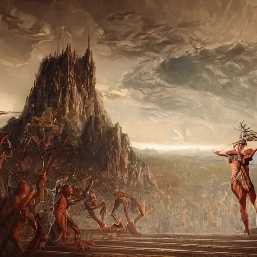 Image similar to highly detailed painting of julius caesar fighting a looming demigod, dramatic, sense of scale, stephen bliss, unreal engine, greg rutkowski, ilya kuvshinov, ross draws, hyung tae and frank frazetta, tom bagshaw, tom whalen, nicoletta ceccoli, mark ryden, earl norem, global illumination, god rays, windswept