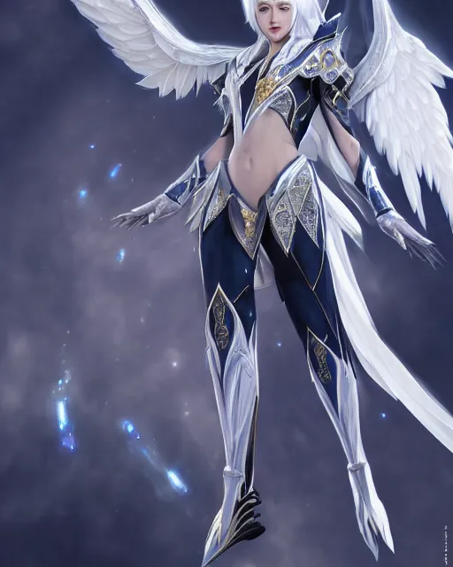 Image similar to perfect white haired egyptian goddess wearing white dove wings, warframe armor, regal, attractive, ornate, sultry, beautiful, ice queen, half asian, pretty face, blue eyes, detailed, scifi platform, 4 k, ultra realistic, volumetric lighting, illuminated, cinematic, masterpiece, art by akihito tsukushi, voidstar