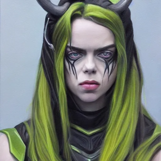 Image similar to Billie Eilish as female loki, oil on canvas, noir, trending on artstation