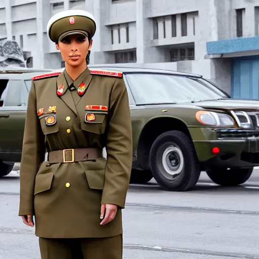 Prompt: professional photograph of kim kardashian wearing a north korean military dress uniform and standing in a busy street in pyongyang, 8 k, very detailed, very intricate,