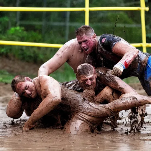 Prompt: 3 drunks fall over mud - wrestling