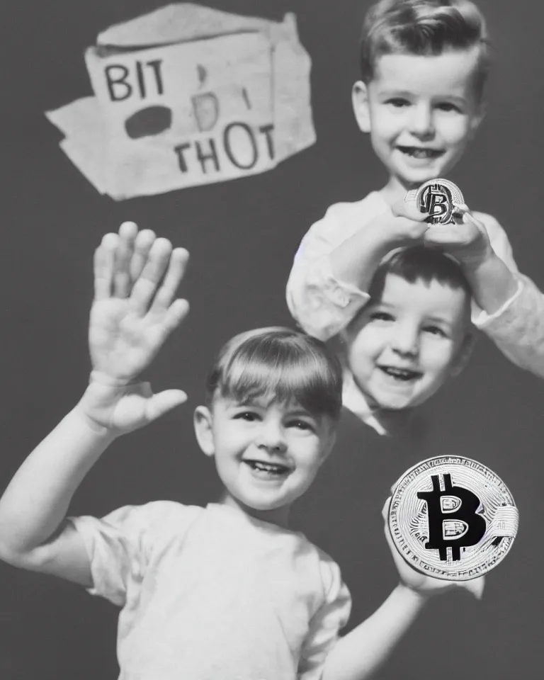 Prompt: 1950s advertisement with a smiling happy toddler boy holding up a coin with the Bitcoin logo using both hands, casual clothing, clear happy smiling face, highly detailed realistic