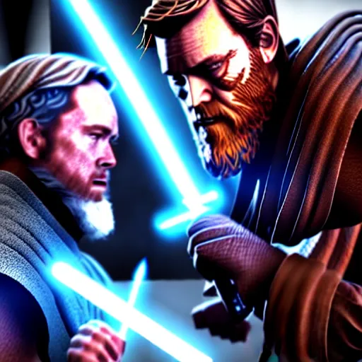 Image similar to ultra detailed picture of a fight where obi wan kenobi is against darth vador, unreal engine, extremely detailed, epic, dark, highly realistic, spiritual masterpiece, beautiful, ultra hd