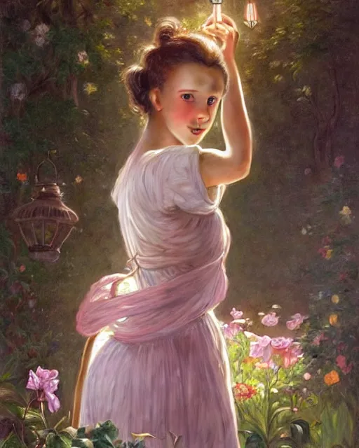 Image similar to a well - lit portrait painting of a shy, blushing 1 6 - year old alicia vikander or millie bobby brown as a ballerina in her flower garden with lanterns at night, intricate, elegant, highly detailed, artstation, concept art, by krenz cushart and donato giancola and william adolph bouguereau and alphonse mucha