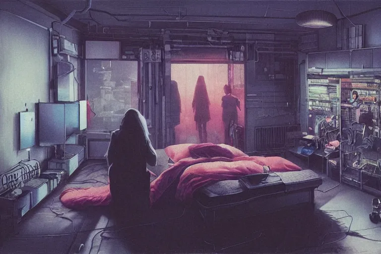 Prompt: IKEA catalogue photo, cyberpunk teenager bedroom, screens, TVs, monitors, robots, by Beksiński