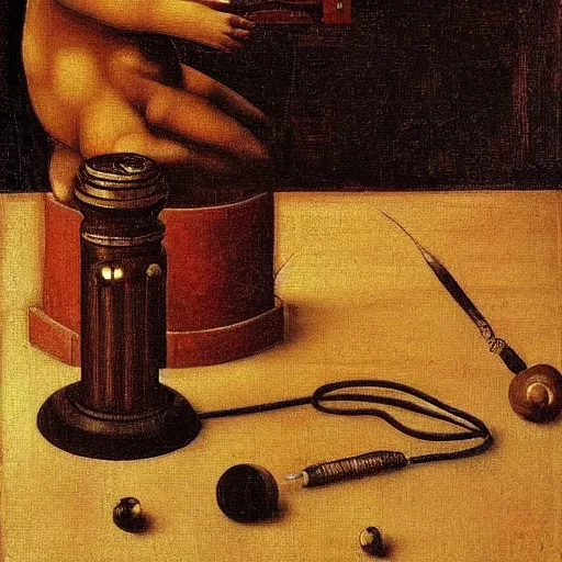 Image similar to an oil painting of a joystick by leonardo da vinci