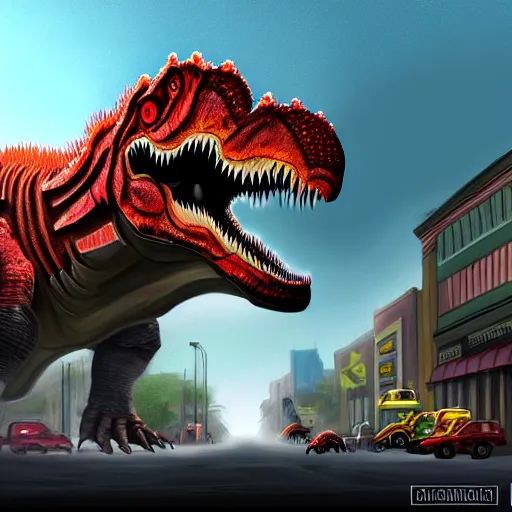 Prompt: Giant Tyrannosaurus Kaiju Stomping Down Main Street, Crushing Cars Under Its Feet, Destroying Buildings, Cracked Pavement, Footprints, Digital Painting on Artstation