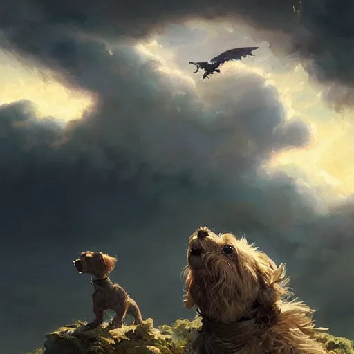 Prompt: a dog, a little terrier, looking up a huge dragon flying overhead, beautiful fantasy painting by greg rutkowski