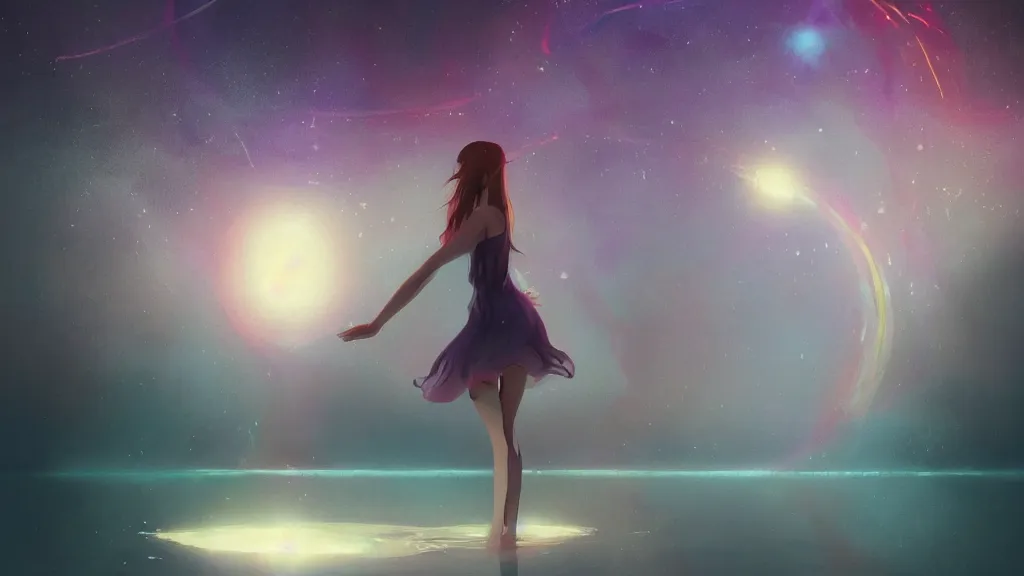 Image similar to a beautiful whimsical woman standing in a lake basking in the moonlight, underneath a multi-colored binary blackhole with an accretion disc, glowing trails following her arm, by Lois van Baarle, by Greg Rutkowski, by artgerm, by beeple, by studio ghibli, rule of thirds, cinematic angle, volumetric lighting, 4k resolution, octane render, trending on artstation, masterpiece