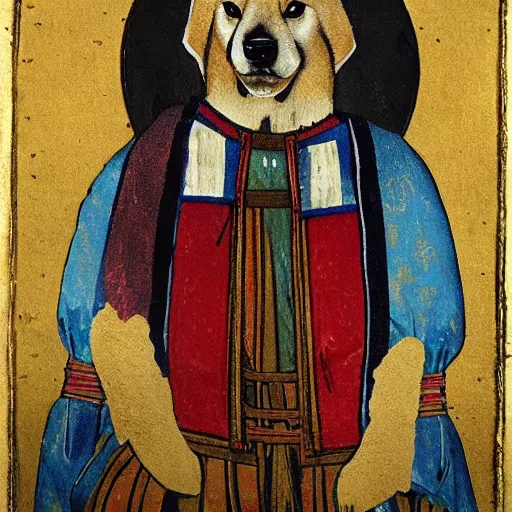 Image similar to potrait of shiba inu dog dressed as a king, medieval painting