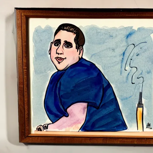 Image similar to jonah hill, stylized. Watercolor and ink. 1980s.