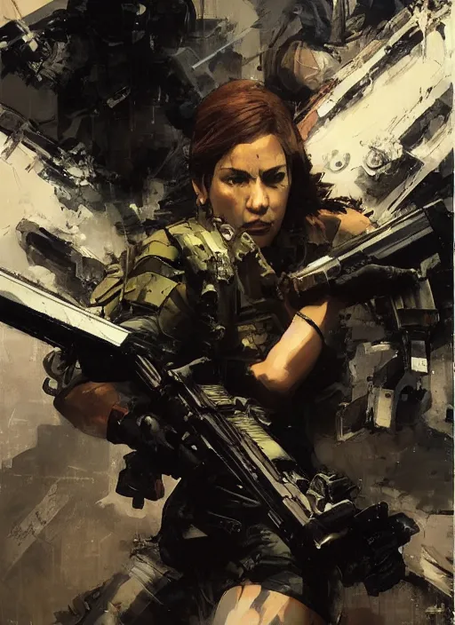 Image similar to Leni Robredo wearing metal gear armor holding a shotgun dramatic lighting art by Yoji Shinkawa by Richard Schmid by greg rutkowski by Sandra Chevrier by Jeremy Lipking cinematic dramatic