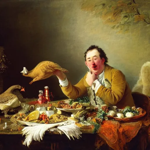 Image similar to british comedian david mitchell eats a turkey for christmas, oil on canvas, by jean honore fragonard