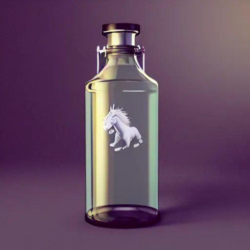 Prompt: transparent potion flask with engraved stallion on it, raytracing, caustics, 3d rendering, unreal engine, iray, vray, keyshot