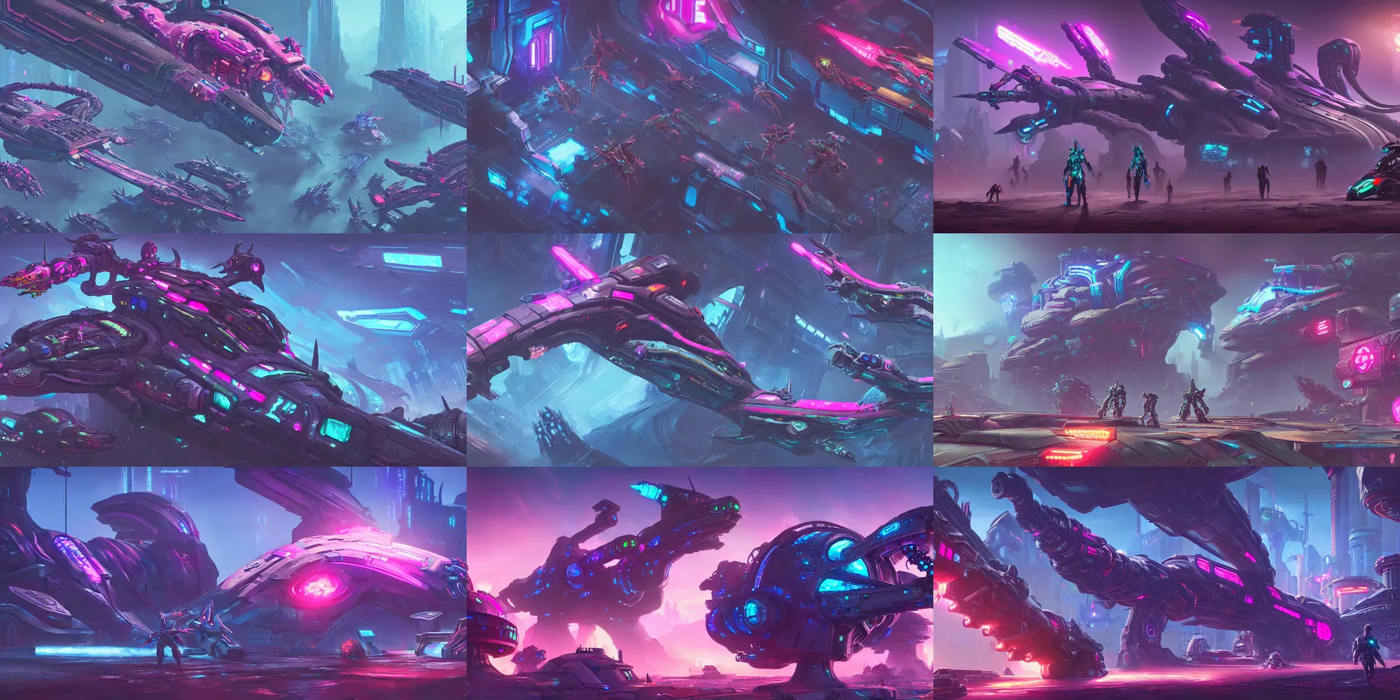 Prompt: game asset of cyberpunk starship and vehicles infused with zerg hydralisk, in gouache detailed paintings, props, stylized, 2 d sprites, kitbash, arcane, overwatch, blue and pink color scheme, 8 k, close up