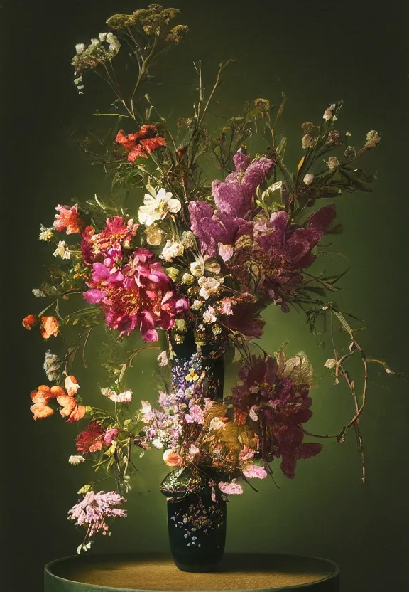 Image similar to a floral bouquet made out of gemstone crystals, in an elaborate jade vase sitting in a gloomy candlelit cabin under a narrow spotlight, the flowers are made out of gemstone, hyperrealism, shot on film