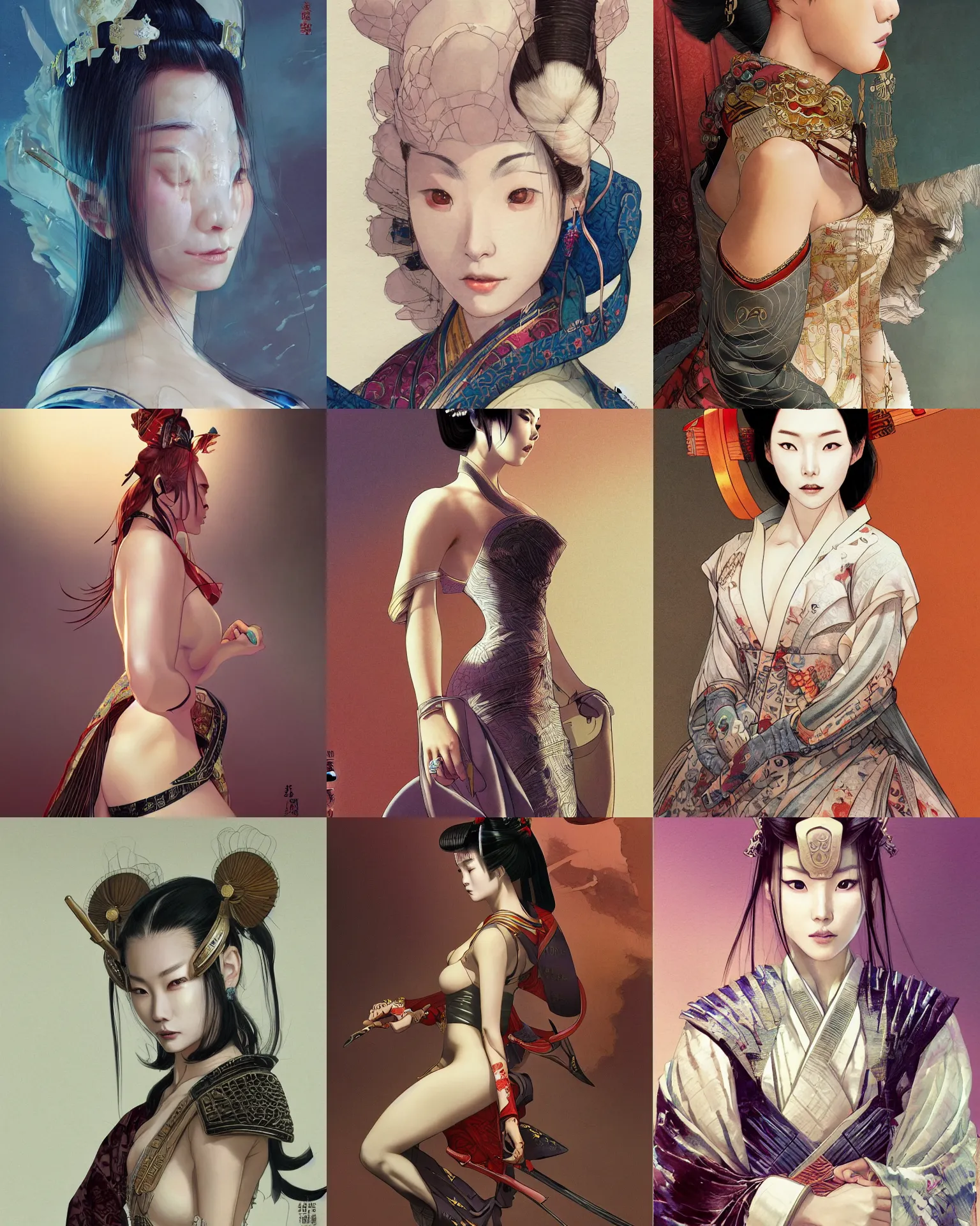 Prompt: close - up of luxurious samurai lee jin - eun in a seductive space dress, by amano yoshitaka, marc simonetti, jean giraud, martine johanna, josan gonzalez, beautiful, smooth, sharp focus, clean details, elegant,
