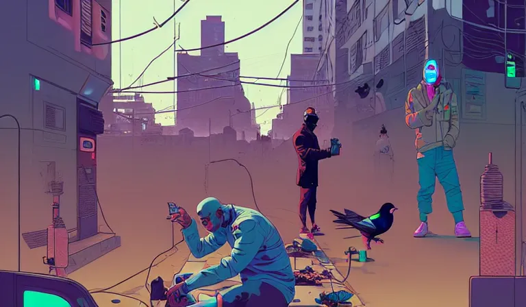 Prompt: cyborg feeding electric pigeons at a dirty crowded streetcorner, cyberpunk, by Josan Gonzalez and Tomer Hanuka bokh, dof