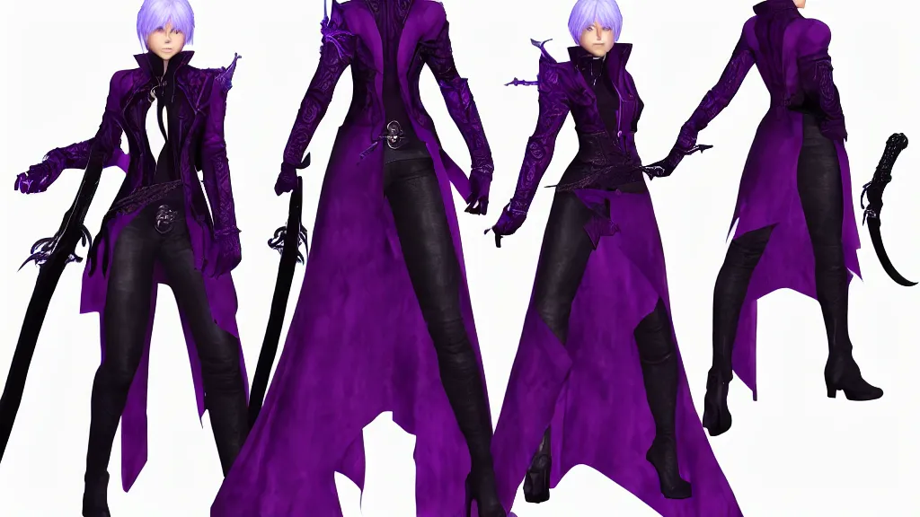 Image similar to devil may cry Vergil's daughter character design sheet, female, purple and black outfit, ghost sword, intricate, trending on artstation