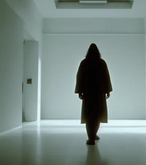 Image similar to Jesus in a white empty room, film still from the movie directed by Denis Villeneuve, wide lens, oil painting