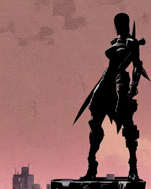 Prompt: a full body silhouette of a cyberpunk female assassin weapon on a ready standing over a ledge overlooking a cyberpunk city, by Mike Mignola, Robbie Trevino, ellen jewett, Yoji Shinkawa