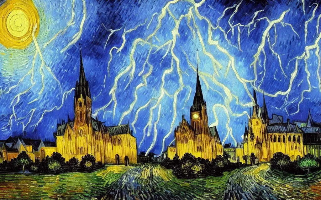 Image similar to atmospheric detailed expressionist oil painting of lightning storm over a tall gothic church, landscape painting, expressionism, blues, dramatic lighting, 8 k resolution detailed art, small brushstrokes, watercolor palette, painted by vincent van gogh