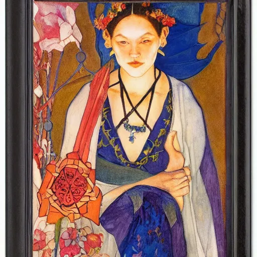 Prompt: the night crown and lantern, by Annie Swynnerton and Nicholas Roerich and Diego Rivera, flowing robes, floral tattoos, elaborate costume, geometric ornament, symbolist, soft colors, dramatic lighting, smooth, sharp focus, extremely detailed