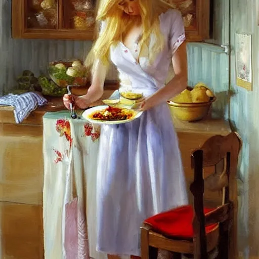 Prompt: Swedish blonde wife making breakfast to her husband, painting by Vladimir Volegov,