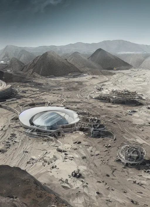 Image similar to bioremediation white mining tailing futuristic horizontal architecture in chuquicamata, epic, cinematic, hyperealistic, high detailed, corona render, hdr, ray tracing