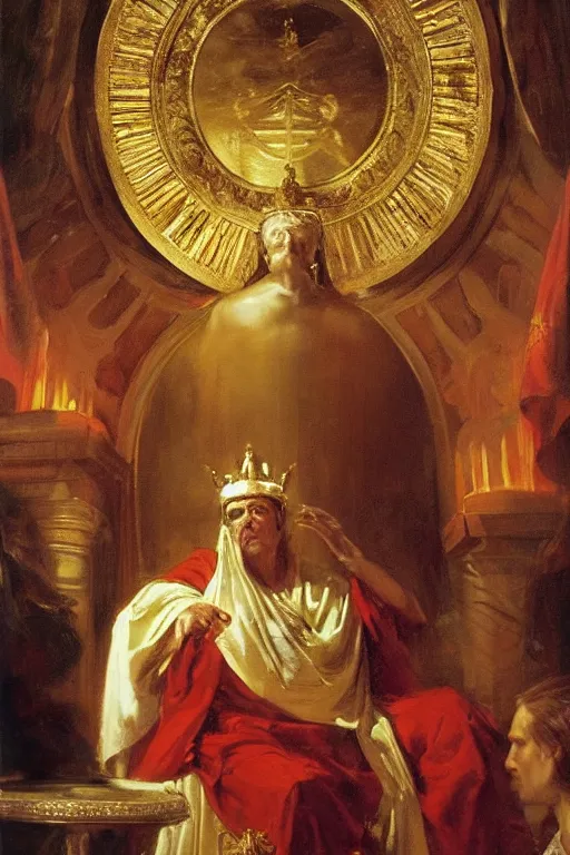 Image similar to beautiful oil painting, steve buscemi in royal crimson robes enthroned as the god emperor of ancient rome a golden wreath upon his head, by anders zorn, wonderful masterpiece by greg rutkowski, beautiful cinematic light, american romanticism, by thomas lawrence, greg rutkowski