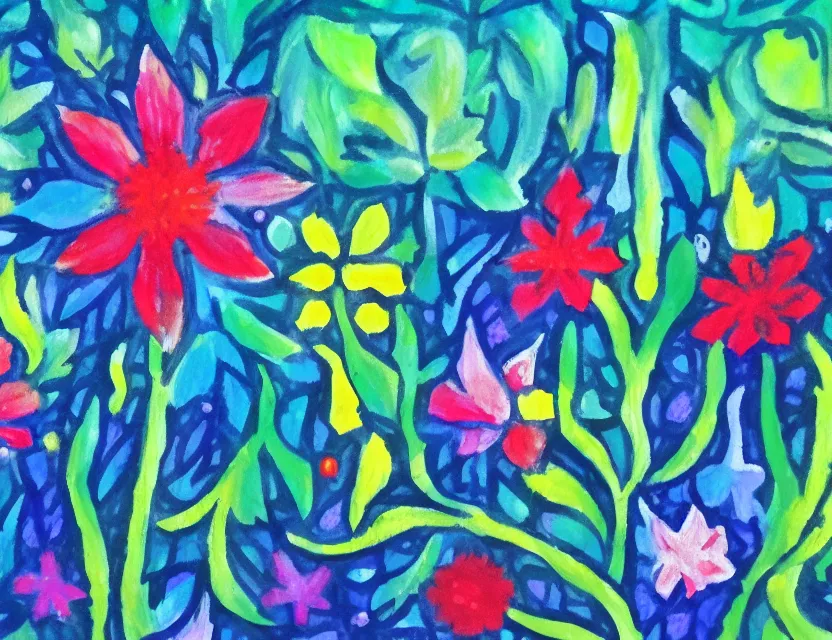 Prompt: flower spirit of winter woods. gouache, limited palette with complementary colors, children's cartoon, backlighting, bold composition, depth of field.