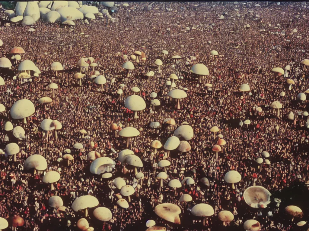 Prompt: trippy 70s photograph of hippy festival woodstock with giant mushrooms