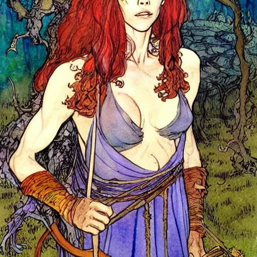 Image similar to a realistic and atmospheric watercolour fantasy character concept art upper body image of a young jane fonda in her 2 0 s posing as a druidic warrior wizard looking at the camera with an intelligent gaze by rebecca guay, michael kaluta, charles vess and jean moebius giraud