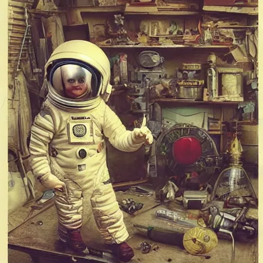 Image similar to boy in a retro space suit in a cluttered inventors shop . muted colors. by Jean-Baptiste Monge !!!!!!!!!!!!!!!!!!!!!!!!!!!!!!!!!!!!!!!!