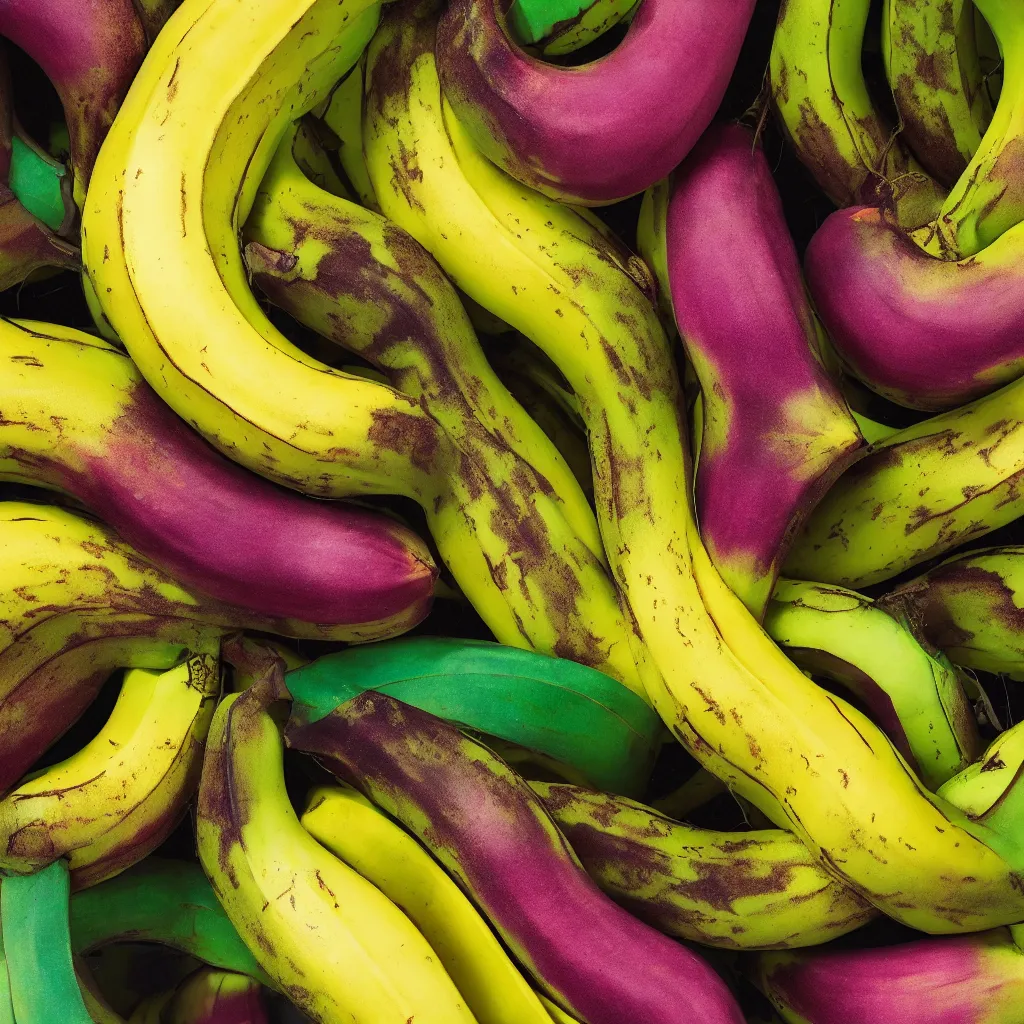 Prompt: very ripe patchwork bananas placed like a complex fractal, cracked, vegetable foliage, art nouveau fractal with petal shape, and stems, mesh roots. closeup, hyper real, food photography, high quality