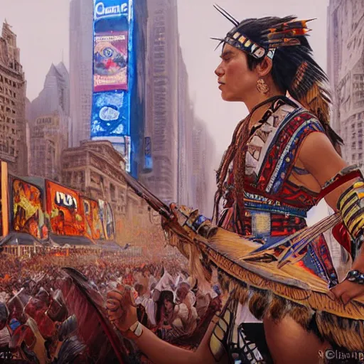 Prompt: A beautiful wide angle cinematic painting of an Indigenous warrior tribe declaring an end to colonizer rule in time square, colonizers demise, intricate detail, ornate, conceptual art, soft light, dynamic, sharp focus, depth of field blur, art by artgerm and greg rutkowski and alphonse mucha