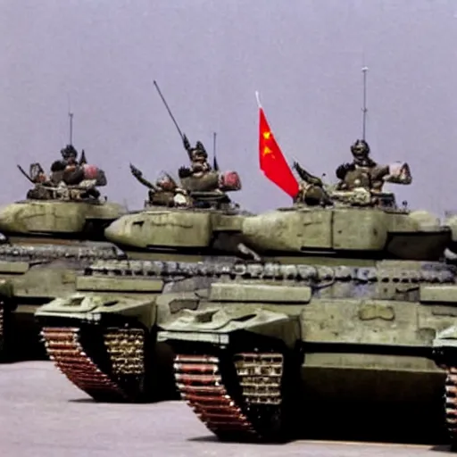 Image similar to Danny DeVito standing in front of Chinese tanks, photograph taken by AP, Tiananmen Square, Beijing