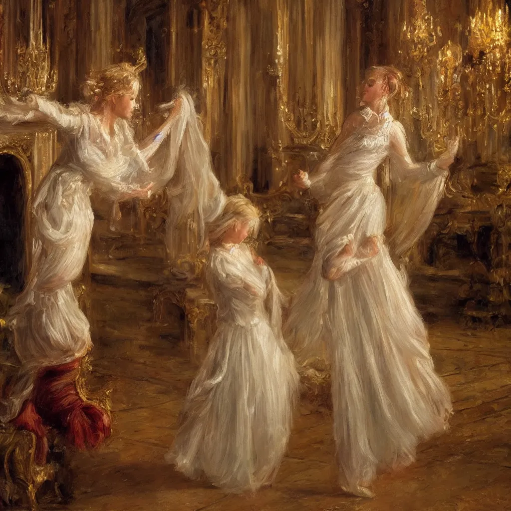 Image similar to a young girl with blond hair danced in the splendid palace, palace dance, dreamy, romantic, night lighting, highly detailed, expressive impressionist style, 8 k