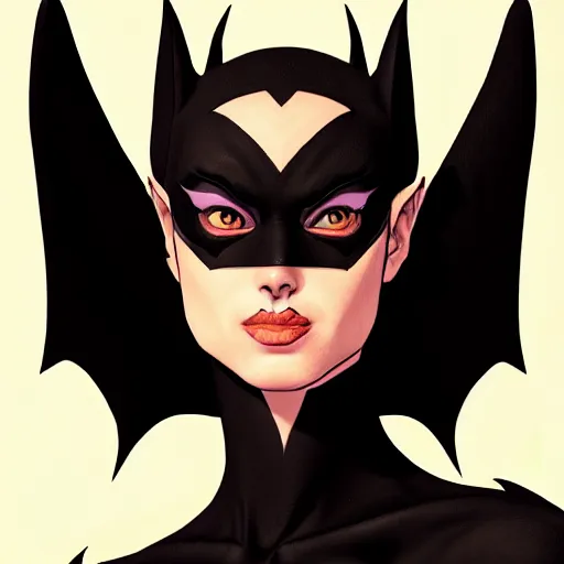 Prompt: 3 / 4 view of a portrait of bat woman with bat wings, confident pose, pixie, genshin impact,, intricate, elegant, sharp focus, illustration, highly detailed, concept art, matte, trending on artstation, marvel comics h 6 4 0