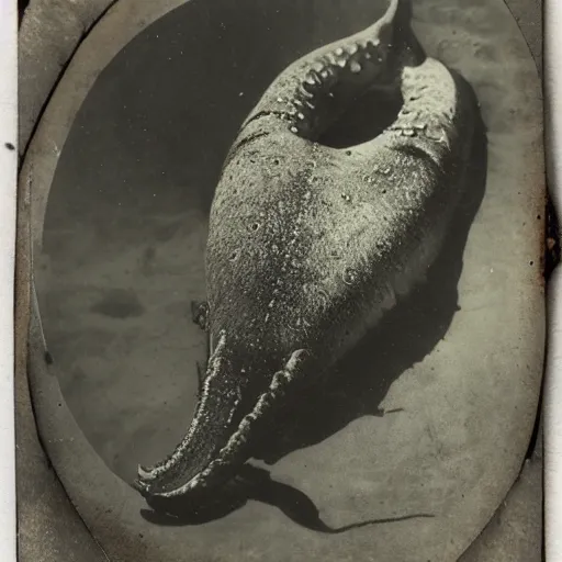 Image similar to tintype photo of underwater giant squid wrapped around a whale