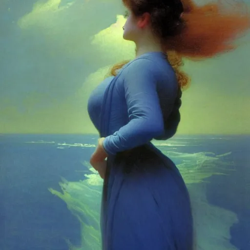 Prompt: a young woman's face, her hair is chrome and she wears an cobalt blue satin cloak, by ivan aivazovsky and syd mead and moebius and gaston bussiere and roger dean and pieter claesz and paul delaroche and alma tadema and aelbert cuyp and willem claesz, hyperrealistic, volumetric light, octane render