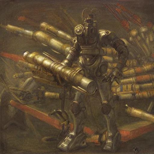 Prompt: Still life of a combat mech surrounded by its weapons, inspired by Henri Fantin-Latour