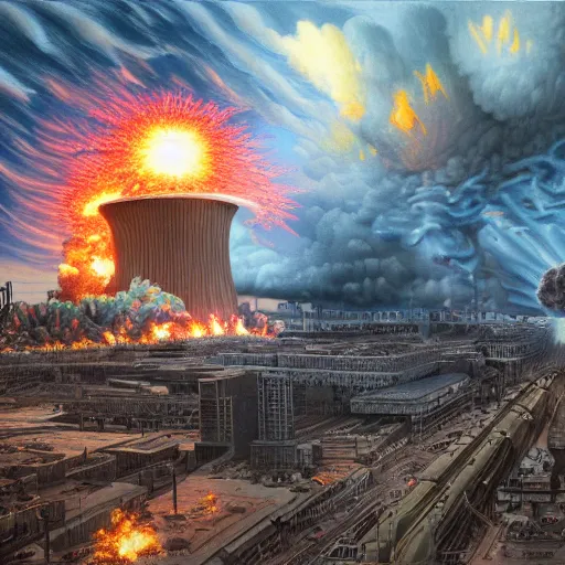 Prompt: nuclear explosions in the center of dallas, extreme realism, huge explosion, massive destruction, extremely detailed digital painting, highly detailed, 1 9 2 0's colored pencil art style, deep aesthetic, 8 k, highly ornate intricate details, cinematic lighting, rich colors, digital artwork, ray tracing, hyperrealistic, photorealistic, cinematic landscape, trending on artstation,