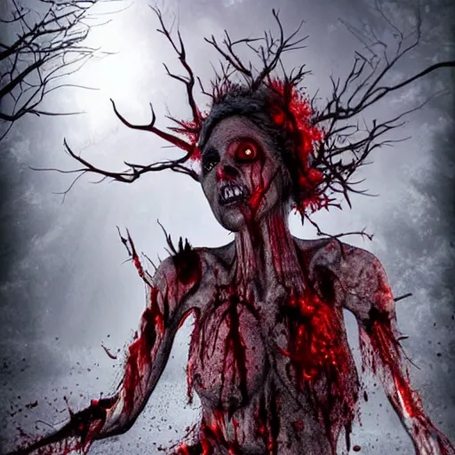 Image similar to A realistic detailed photo of a creepy witch, blood, exploded belly, red eyes, destroyed body, dead skin, dead trees, detailed body, teeth filled with cavities, foggy landscape, creepy, light particles, detailed light, realistic shaders, trending on artisation, detailed textures, detailed, realistic.